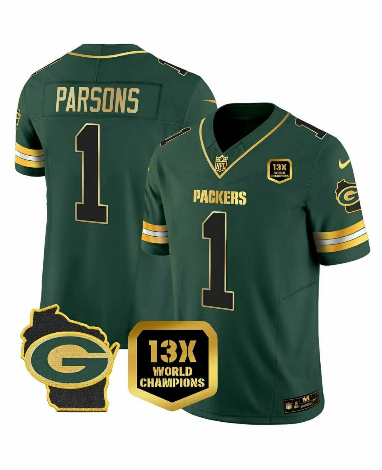 Men's Green Bay Packers #1 Micah Parsons Green 2025 F.U.S.E. Champions Patch and G Patch Vapor Untouchable Limited Stitched Football Jersey
