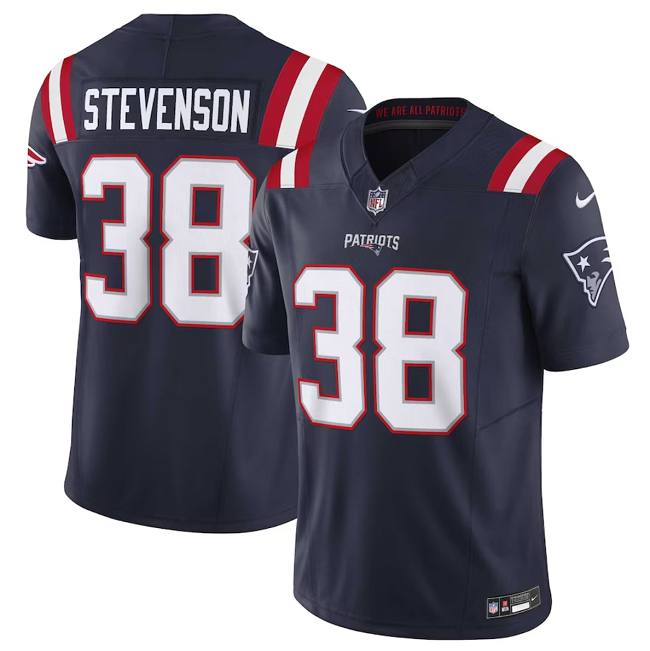 Men's New England Patriots #38 Rhamondre Stevenson Navy 2023 F.U.S.E. Vapor Limited Stitched Football Jersey
