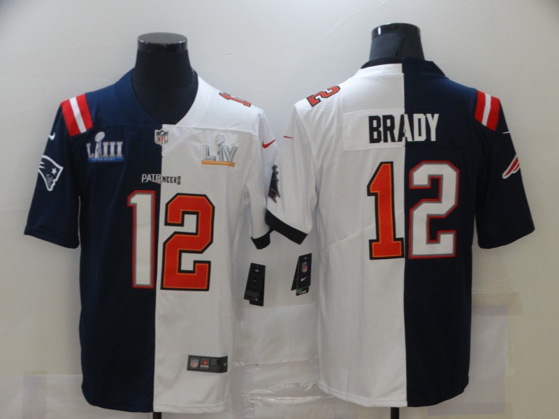 Men's Tampa Bay Buccaneers #12 Tom Brady White Navy Super Bowl Split GOAT Stitched Jersey