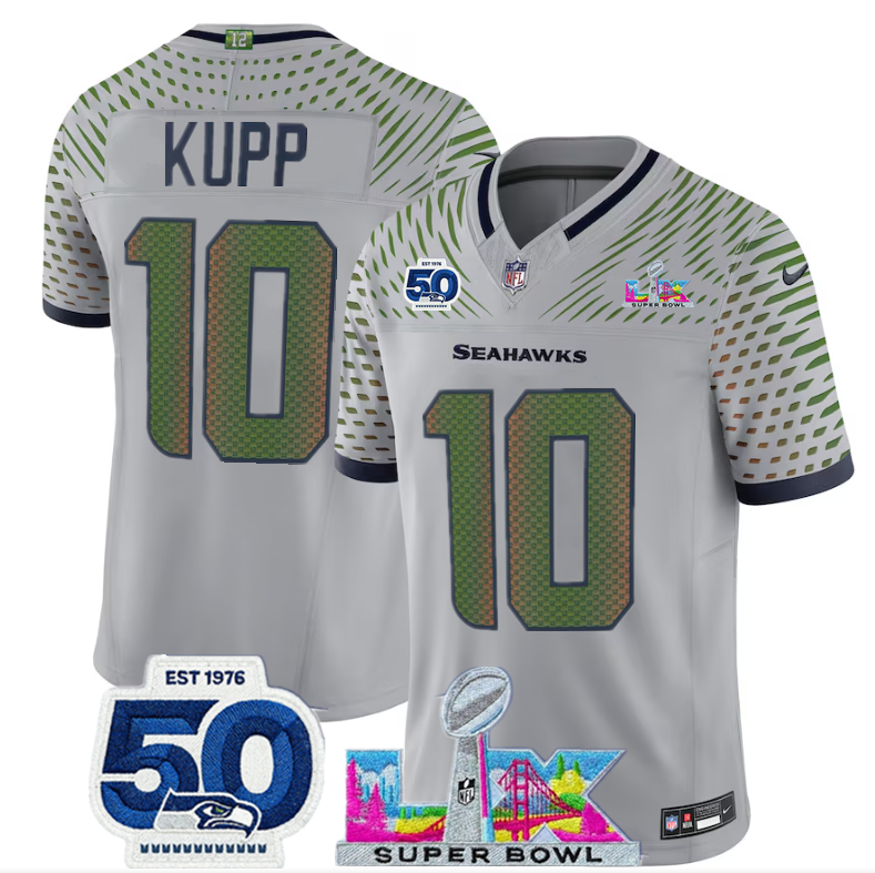 Men's Seattle Seahawks #10 Cooper Kupp Grey 2025 F.U.S.E. Super Bowl LX Patch And 50th Season Patch “Rivalries” Vapor Limited Stitched Football Jersey