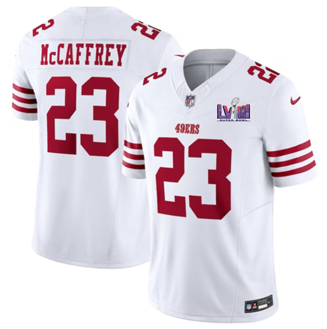 Men's San Francisco 49ers #23 Christian McCaffrey White F.U.S.E. Super Bowl LVIII Patch Vapor Untouchable Limited Stitched Football Jersey