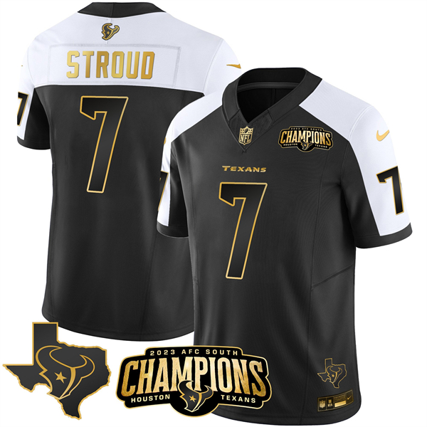 Men's Houston Texans #7 C.J. Stroud Black/White Golden 2023 F.U.S.E. With AFC South Champions Patch And Team Logo Patch Limited Stitched Football Jersey