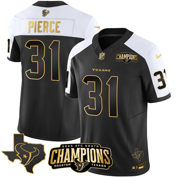 Men's Houston Texans #31 Dameon Pierce Black/White Golden 2023 F.U.S.E. With AFC South Champions Patch And Team Logo Patch Limited Stitched Football Jersey