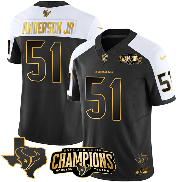 Men's Houston Texans #51 Will Anderson Jr. Black/White Golden 2023 F.U.S.E. With AFC South Champions Patch And Team Logo Patch Limited Stitched Football Jersey