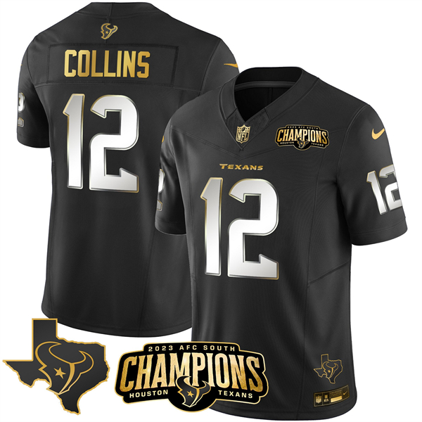 Men's Houston Texans #12 Nico Collins Black Golden 2023 F.U.S.E. With AFC South Champions Patch And Team Logo Patch Limited Stitched Football Jersey