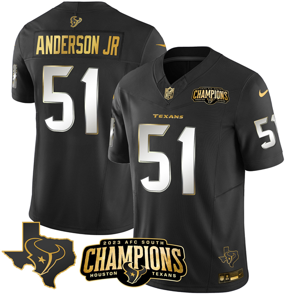 Men's Houston Texans #51 Will Anderson Jr. Black Golden 2023 F.U.S.E. With AFC South Champions Patch And Team Logo Patch Limited Stitched Football Jersey