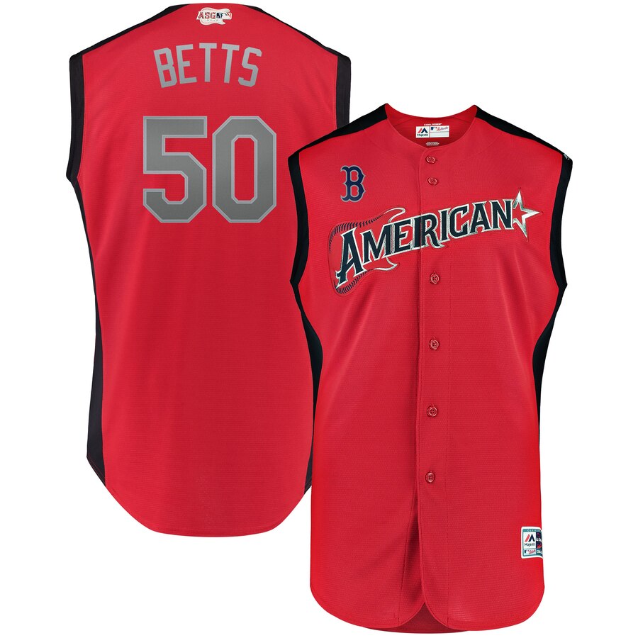American League #50 Mookie Betts Red 2019 MLB All-Star Game Workout Jersey