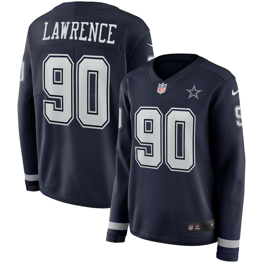 Women's Dallas Cowboys #90 Demarcus Lawrence Navy Therma Long Sleeve Stitched NFL Jersey