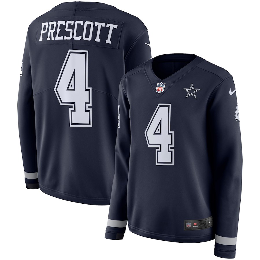 Women's Dallas Cowboys #4 Dak Prescott Navy Therma Long Sleeve Stitched NFL Jersey