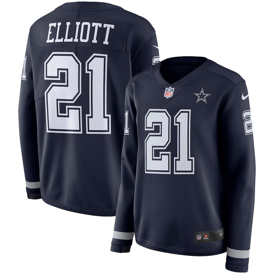 Women's Dallas Cowboys #21 Ezekiel Elliott Navy Therma Long Sleeve Stitched NFL Jersey