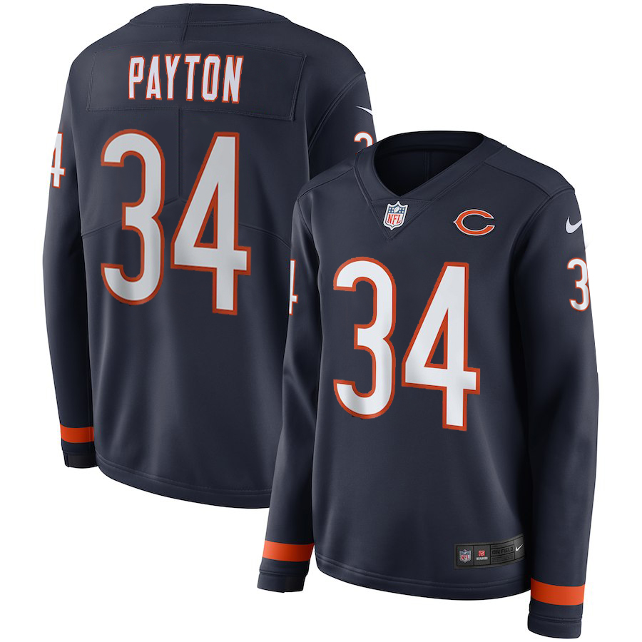 Women's Chicago Bears #34 Walter Payton Navy Therma Long Sleeve Stitched NFL Jersey