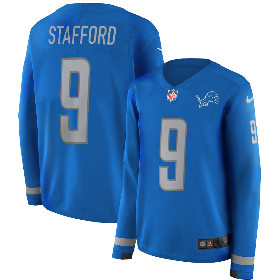 Women's Detroit Lions #9 Matthew Stafford Blue Therma Long Sleeve Stitched NFL Jersey