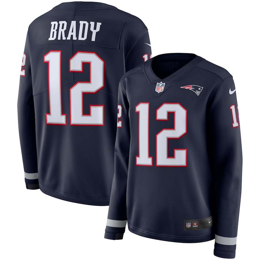Women's New England Patriots #12 Tom Brady Navy Therma Long Sleeve Stitched NFL Jersey