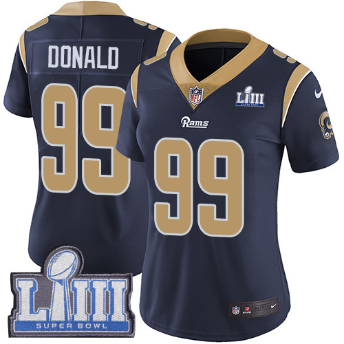 Women's Los Angeles Rams #99 Aaron Donald Navy Blue Super Bowl LIII Vapor Untouchable Limited Stitched NFL Jersey ( run small )