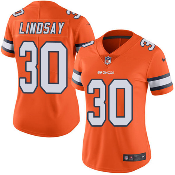 Women's Denver Broncos #30 Phillip Lindsay Orange Color Rush Limited Stitched NFL Jersey(Run Small)