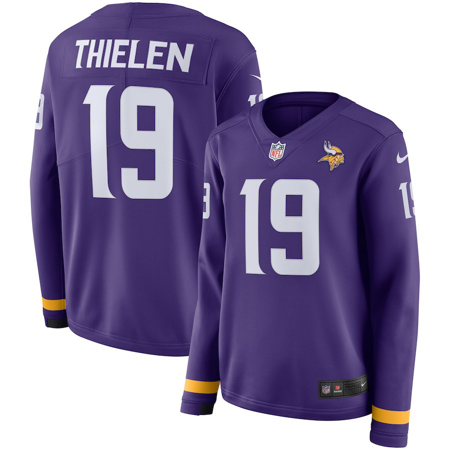 Women's Minnesota Vikings#19 Adam Thielen Purple Therma Long Sleeve Stitched NFL Jersey