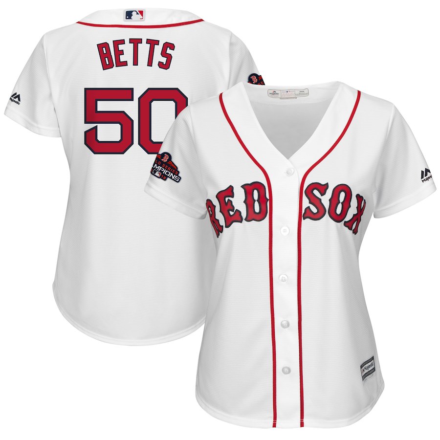 Women's Boston Red Sox #50 Mookie Betts Majestic White 2018 World Series Champions Team Logo Player Stitched MLB Jersey