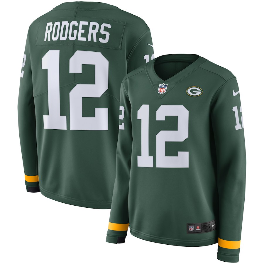 Women's Green Bay Packers #12 Aaron Rodgers Green Therma Long Sleeve Stitched NFL Jersey