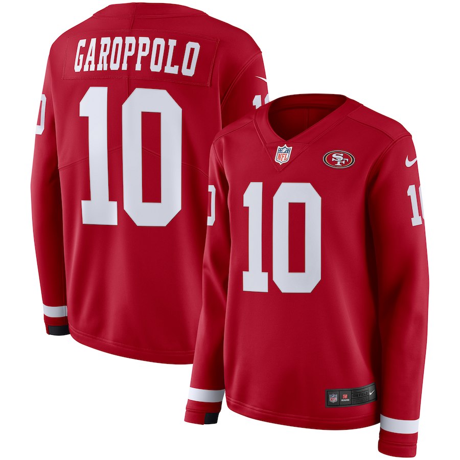 Women's San Francisco 49ers #10 Jimmy Garoppolo Scarlet Therma Long Sleeve Stitched NFL Jersey