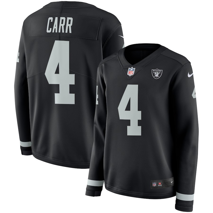 Women's Oakland Raiders #4 Derek Carr Black Therma Long Sleeve Stitched NFL Jersey