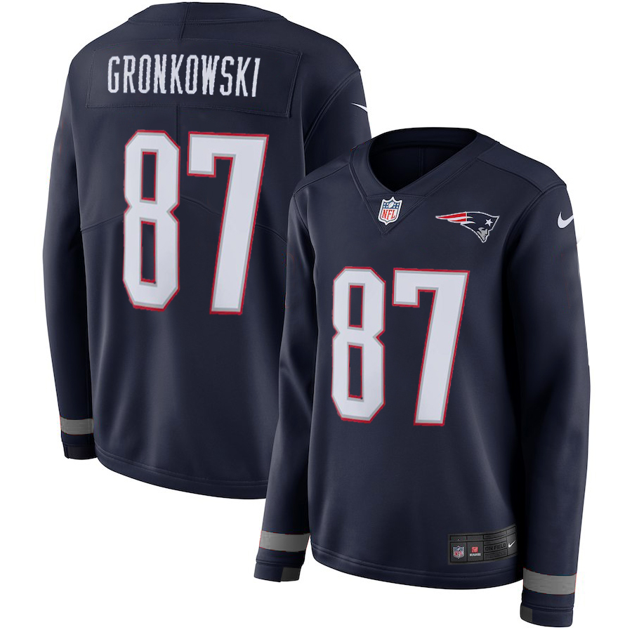 Women's New England Patriots #87 Rob Gronkowski Navy Therma Long Sleeve Stitched NFL Jersey