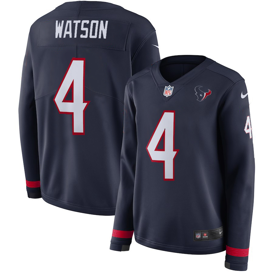 Women's Houston Texans #4 Deshaun Watson Navy Therma Long Sleeve Stitched NFL Jersey