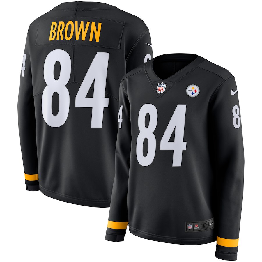 Women's Pittsburgh Steelers #84 Antonio Brown Black Therma Long Sleeve Stitched NFL Jersey