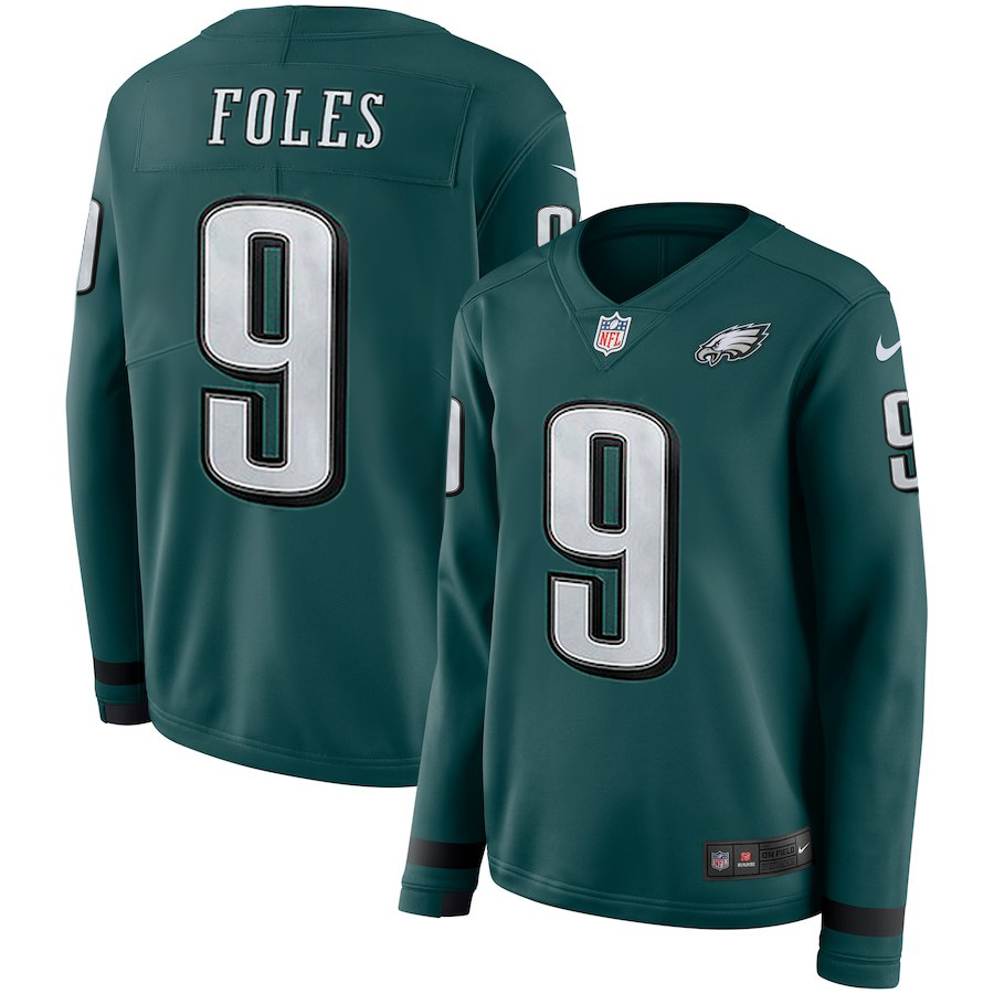 Women's Philadelphia Eagles #9 Nick Foles Green Therma Long Sleeve Stitched NFL Jersey