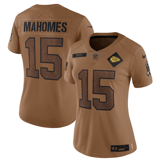 Women's Kansas City Chiefs #15 Patrick Mahomes 2023 Brown Salute To Service Limited Stitched Jersey(Run Small)