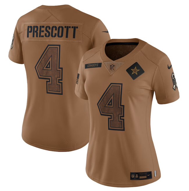 Women's Dallas Cowboys #4 Dak Prescott 2023 Brown Salute To Service Limited Stitched Football Jersey(Run Small）