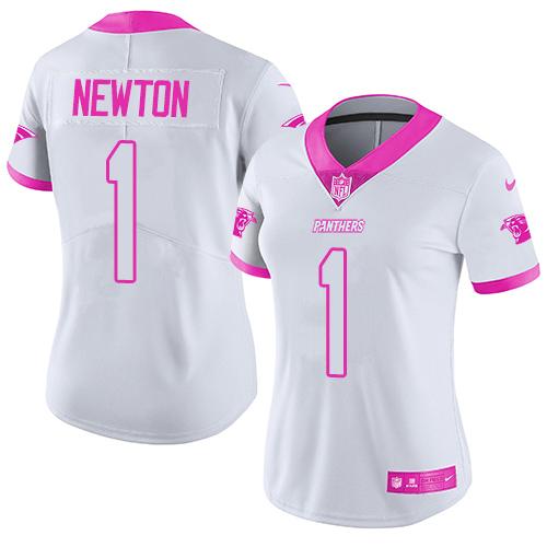 Nike Panthers #1 Cam Newton White/Pink Women's Stitched NFL Limited Rush Fashion Jersey