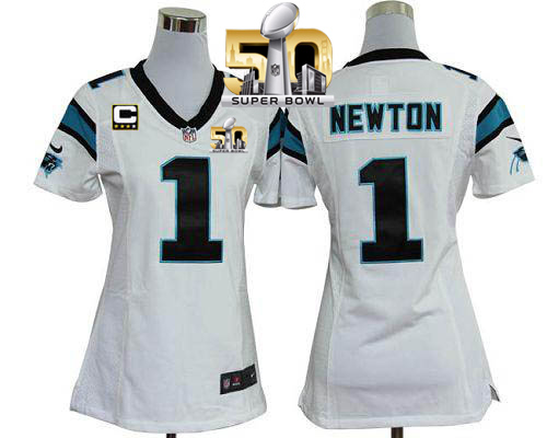 Nike Panthers #1 Cam Newton White With C Patch Super Bowl 50 Women's Stitched NFL Elite Jersey