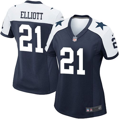 Nike Cowboys #21 Ezekiel Elliott Navy Blue Thanksgiving Women's Stitched NFL Throwback Jersey