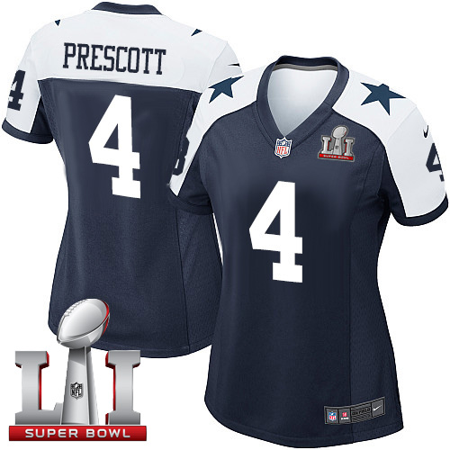 Nike Cowboys #4 Dak Prescott Navy Blue Thanksgiving Throwback Women's Stitched NFL Super Bowl LI 51 Elite Jersey