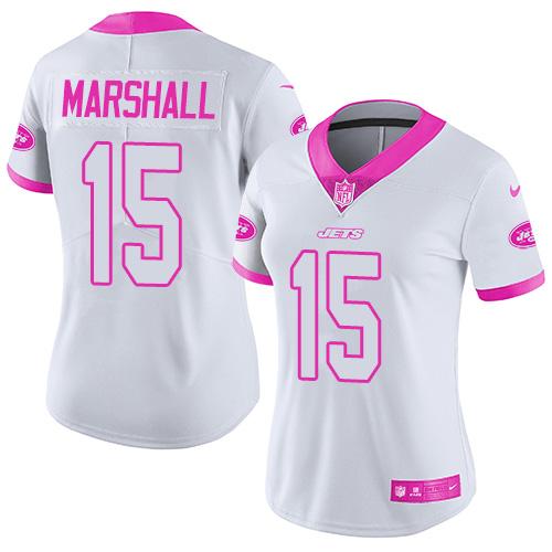 Nike Jets #15 Brandon Marshall White/Pink Women's Stitched NFL Limited Rush Fashion Jersey
