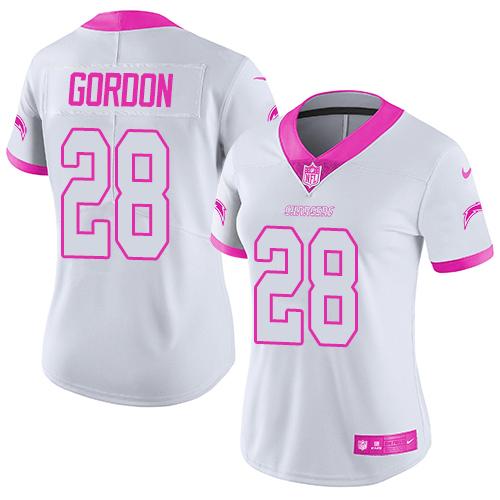 Nike Chargers #28 Melvin Gordon White/Pink Women's Stitched NFL Limited Rush Fashion Jersey