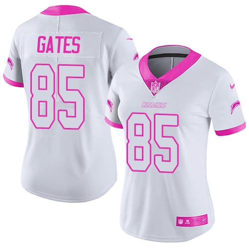 Nike Chargers #85 Antonio Gates White/Pink Women's Stitched NFL Limited Rush Fashion Jersey