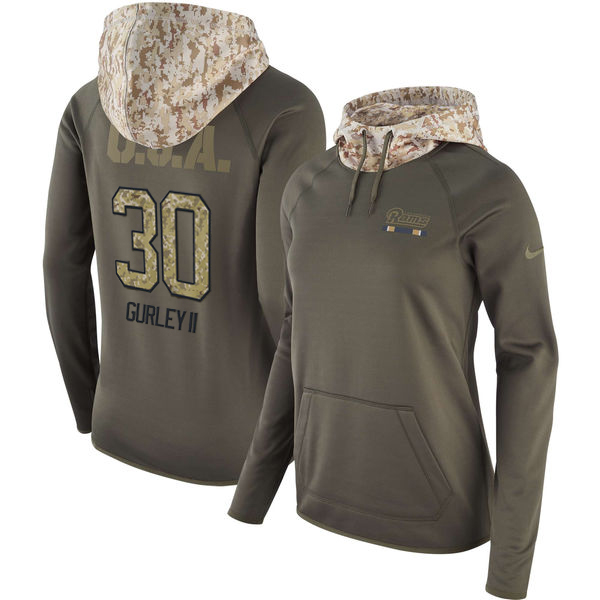 Women's Los Angeles Rams #30 Todd Gurley Olive Salute to Service Sideline Therma Pullover Hoodie