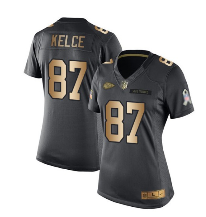 Women's Kansas City Chiefs #87 Travis Kelce 2023 Black/Gold Salute To Service Limited Stitched Jersey(Run Small)