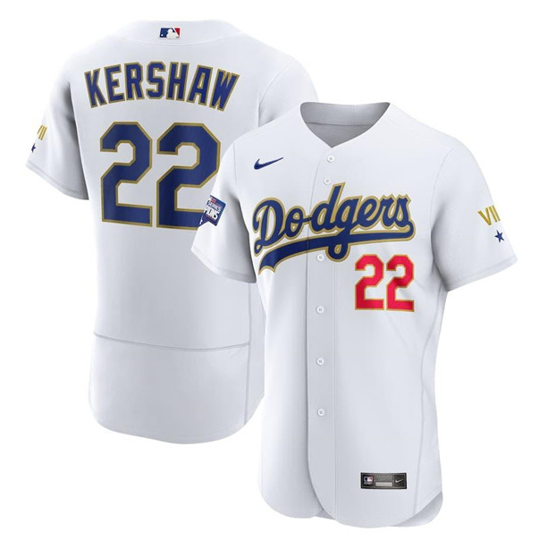 Women's Los Angeles Dodgers #22 Clayton Kershaw White Gold Championship Stitched MLB Jersey(Run Small)