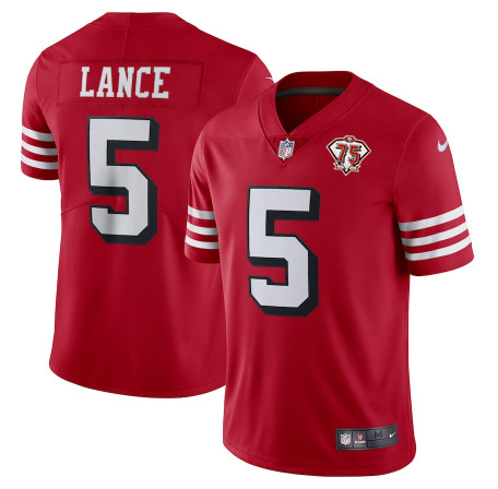 Women's San Francisco 49ers #5 Trey Lance Scarlet 75th Anniversary Stitched NFL Game Jersey(Run Small)