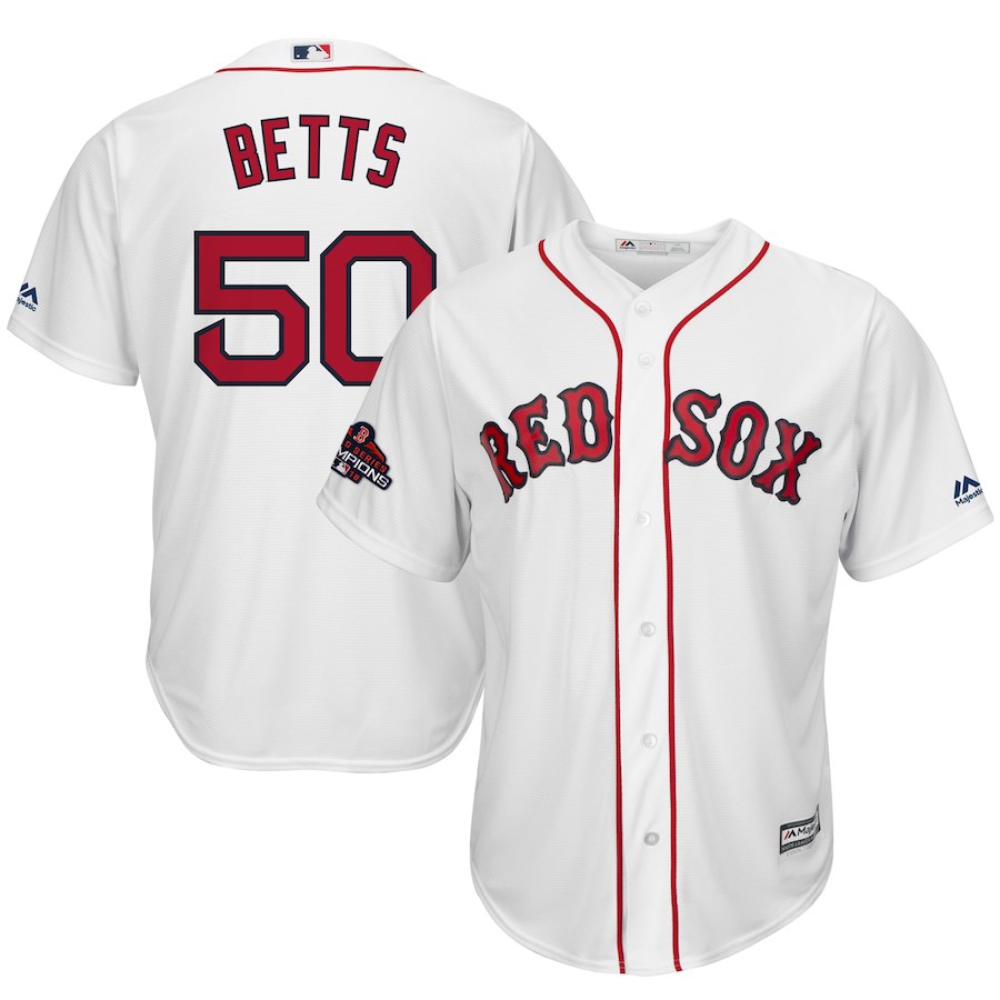 Youth Boston Red Sox #50 Mookie Betts Majestic White 2018 World Series Champions Team Logo Player Stitched MLB Jersey