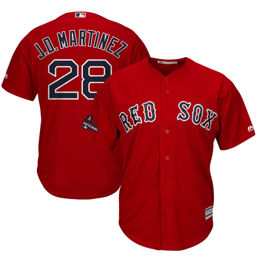 Youth Boston Red Sox #28 J.D. Martinez Majestic Scarlet 2018 World Series Champions Team Logo Player Stitched MLB Jersey