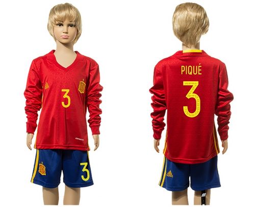 Spain #3 Pique Red Home Long Sleeves Kid Soccer Country Jersey