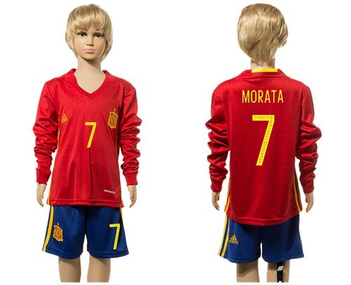 Spain #7 Morata Red Home Long Sleeves Kid Soccer Country Jersey