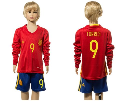 Spain #9 Torres Red Home Long Sleeves Kid Soccer Country Jersey