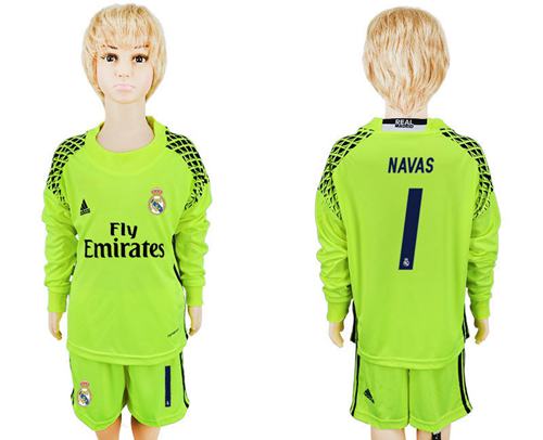 Paris Saint-Germain #1 Navas Shiny Green Goalkeeper Long Sleeves Kid Soccer Club Jersey
