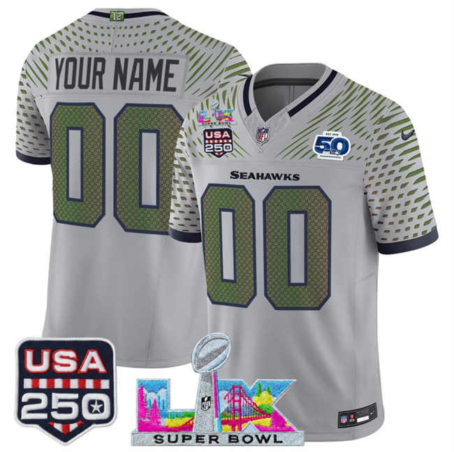 Youth Seattle Seahawks Active Player Custom Gray 2025 F.U.S.E. Super Bowl LX & US 250th anniversary Patch And 50th Season Patch “Rivalries” Vapor Limited Stitched Football Jersey