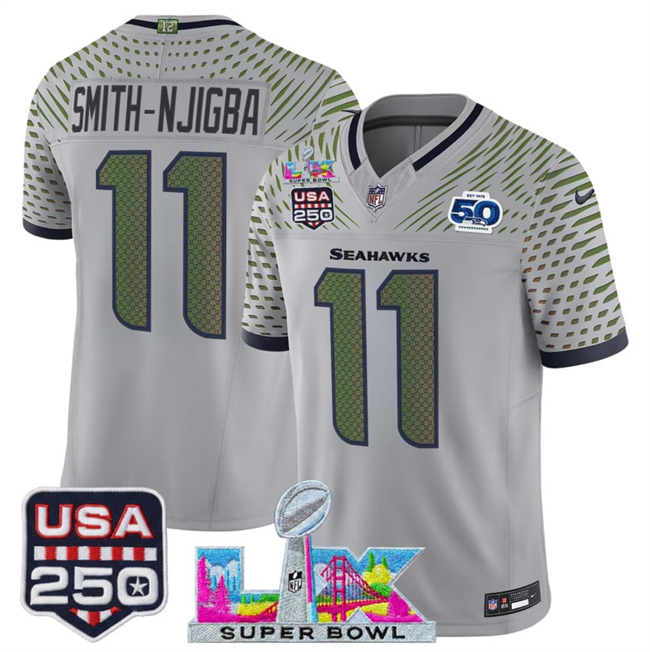 Youth Seattle Seahawks #11 Jaxon Smith-Njigba Gray 2025 F.U.S.E. Super Bowl LX & US 250th anniversary Patch And 50th Season Patch “Rivalries” Vapor Limited Stitched Football Jersey