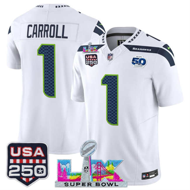Youth Seattle Seahawks #1 Pete Carroll White 2025 F.U.S.E. Super Bowl LX Patch And 50th Season & USA 250' Patch Vapor Limited Stitched Football Jersey